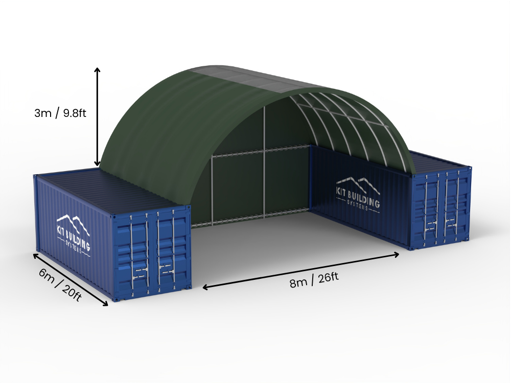 Portée de 8m (26ft) | Auvents pour conteneurs 26ft de largeur, 10ft de hauteur (8m x 3m)