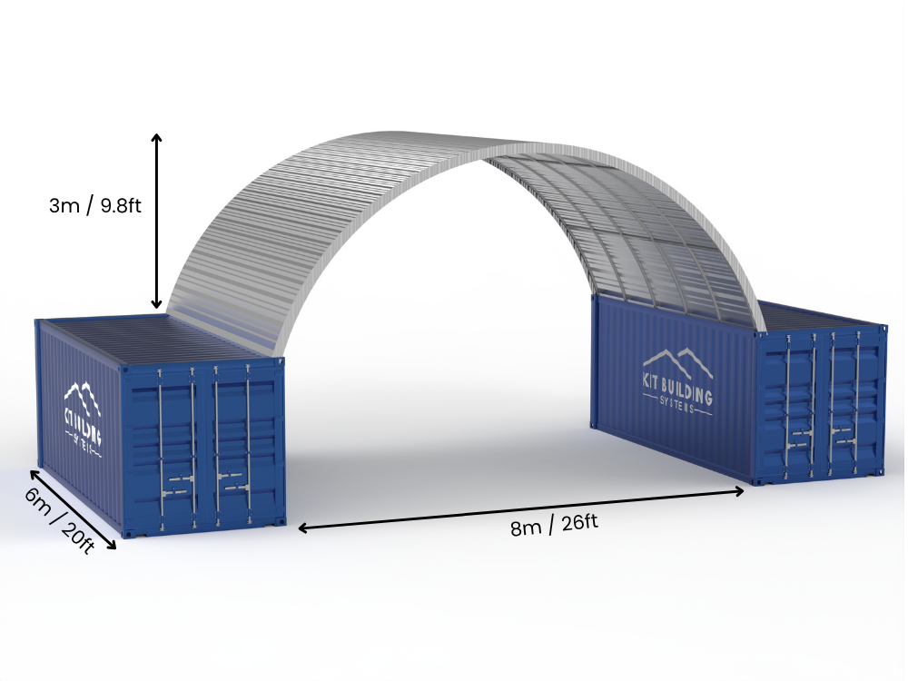 Portée de 8m (26ft) | Auvents en conteneur en acier 26ft de largeur, 10ft de hauteur (8m x 3m)
