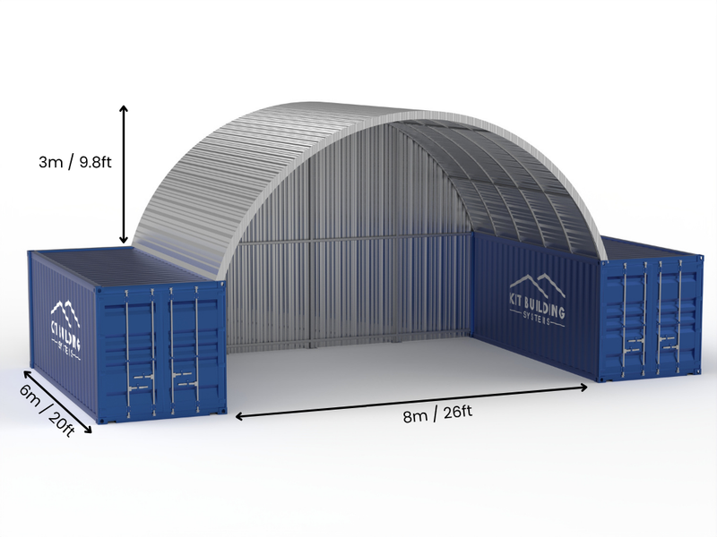 Portée de 8m (26ft) | Auvents en conteneur en acier 26ft de largeur, 10ft de hauteur (8m x 3m)