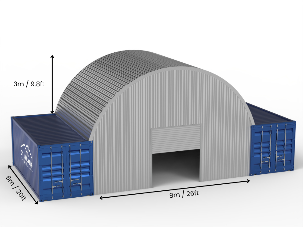 Portée de 8m (26ft) | Auvents en conteneur en acier 26ft de largeur, 10ft de hauteur (8m x 3m)