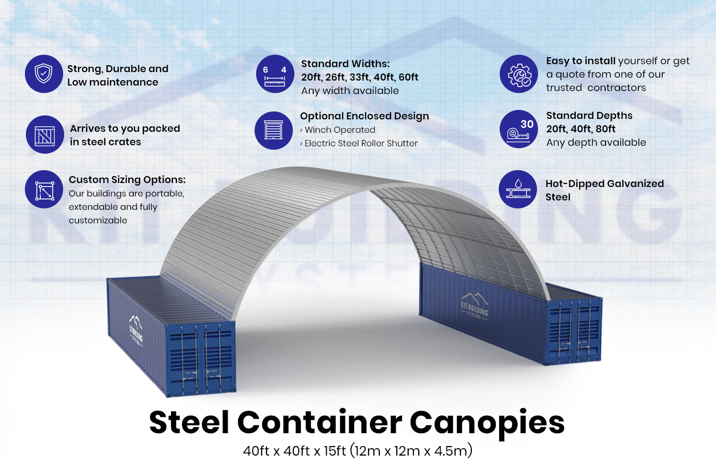 Stalen Containerluifels - 10m x 12m x 3.6m (33ft x 40ft x 12ft)